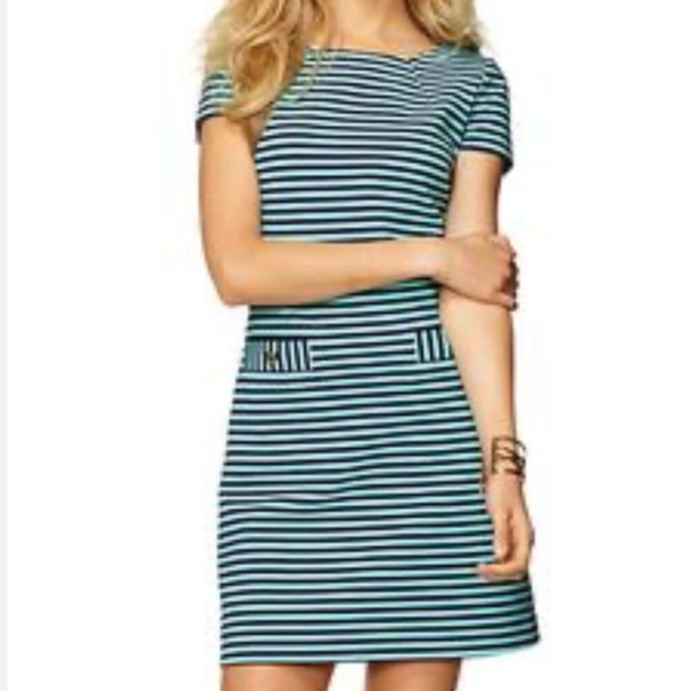 LILLY PULITZER | Navy Green Stripe Shift Dress Short Sleeve Short | Size Medium